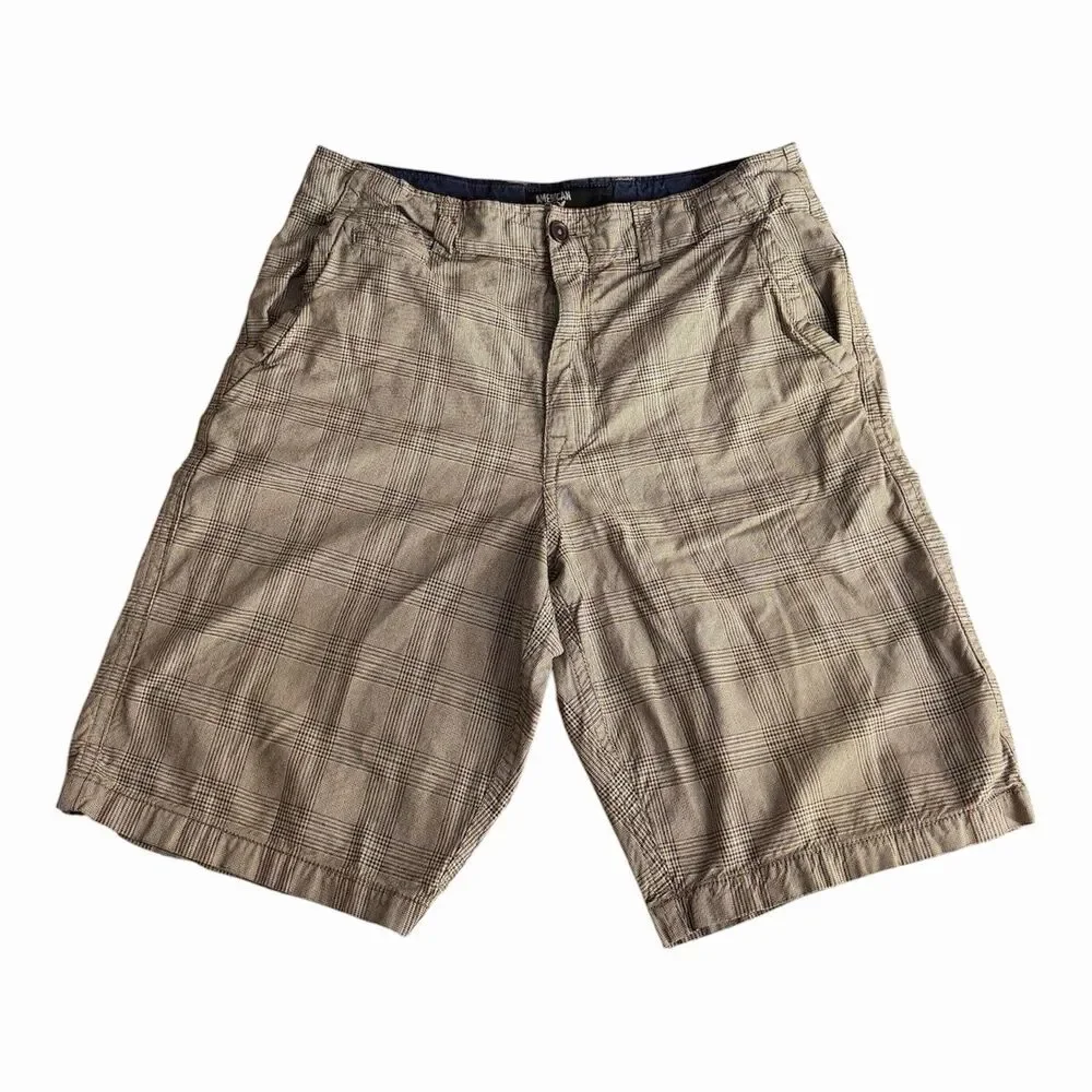 Y2K AE Longer Length Brown Plaid Chino Shorts 34 Khaki Skater Surf Preppy Grunge